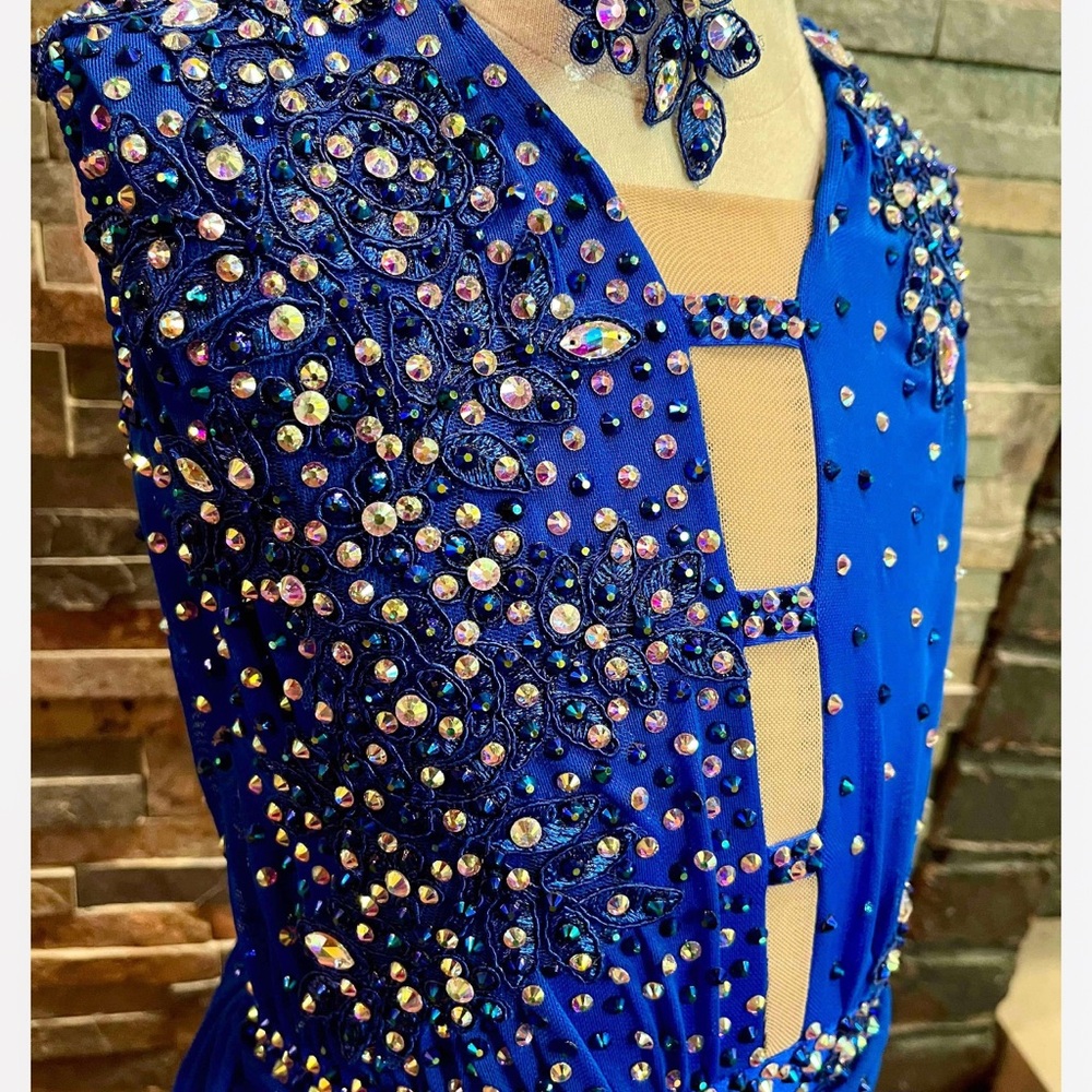 Custom Made Stunning Blue Beaded Dress with Headpiece - Picture 3 of 4
